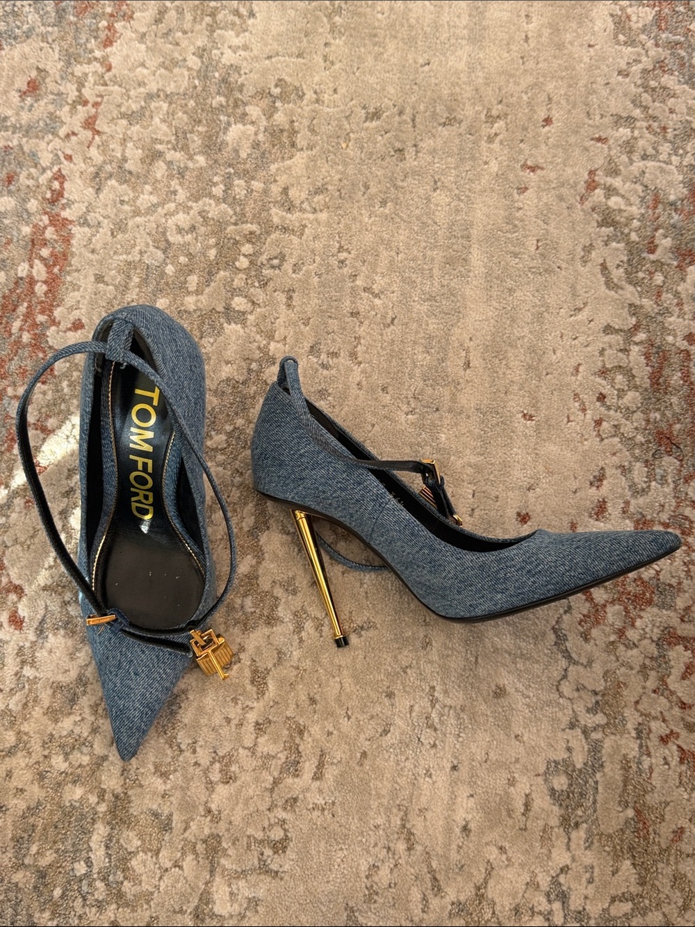 Tom Ford Denim Blue Pointed-Toe Slingback Pumps with Gold Accent